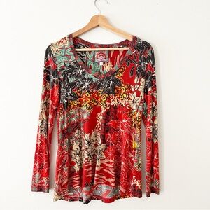 Johnny Was Floral Print Tunic Size XS Red Long Sleeve V Neck Bamboo Jersey